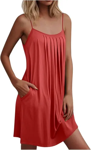 Women Basic Pleats Front Cami Dress Summer Sleeveless Crewneck Loungewear Tank Dresses Comfy Mini Pjs Dress Pocketed