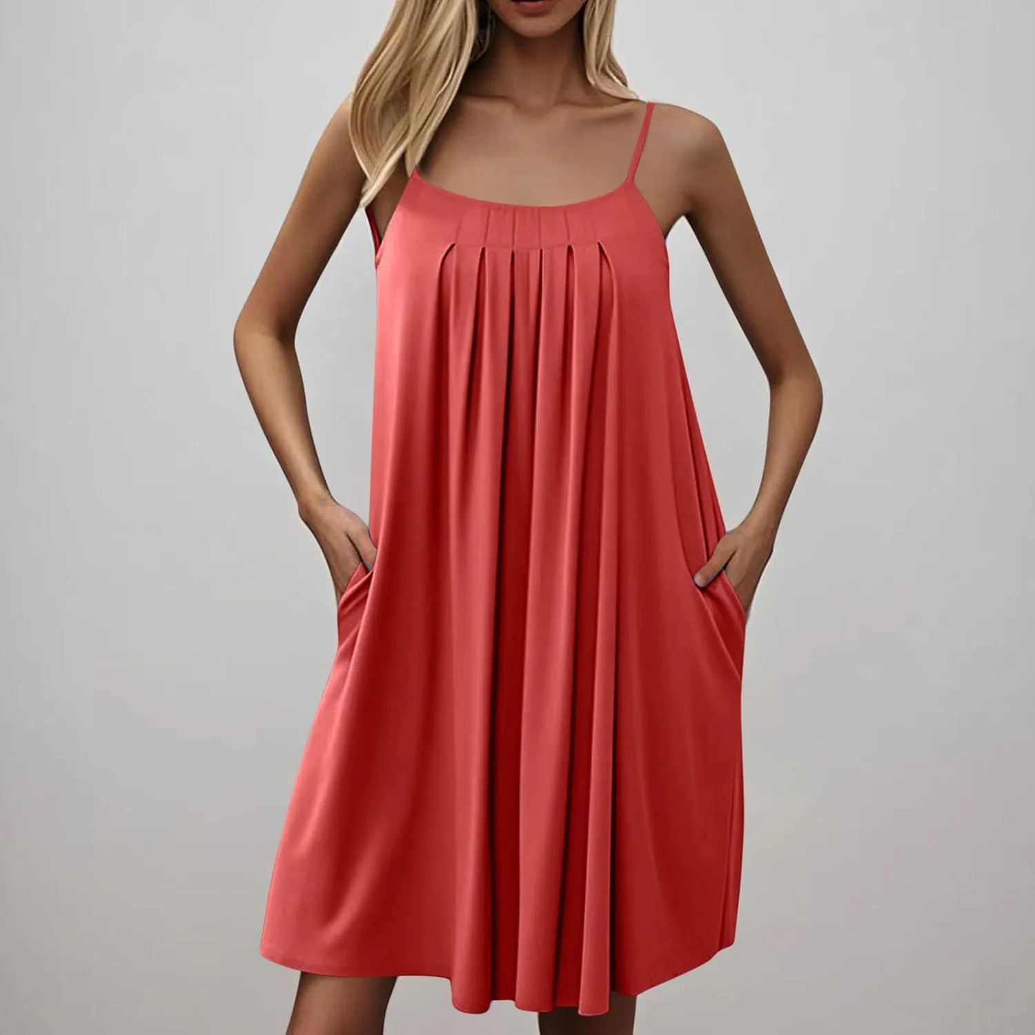 Women Basic Pleats Front Cami Dress Summer Sleeveless Crewneck Loungewear Tank Dresses Comfy Mini Pjs Dress Pocketed