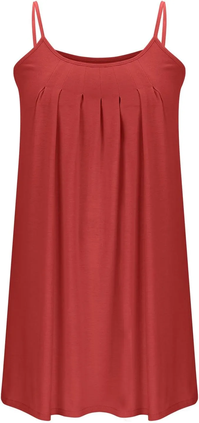 Women Basic Pleats Front Cami Dress Summer Sleeveless Crewneck Loungewear Tank Dresses Comfy Mini Pjs Dress Pocketed