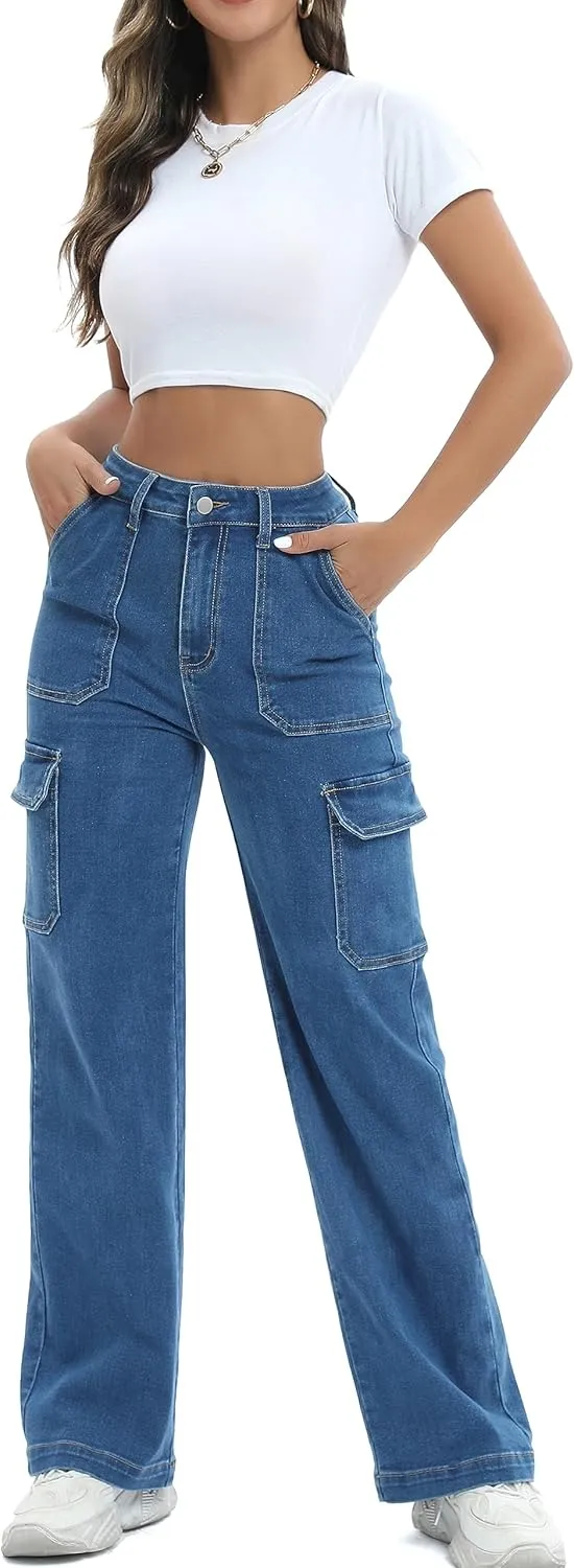 Women Cargo Jeans High Waist Y2K Straight Leg Trendy Stretchy Lightweight Jeans for Women