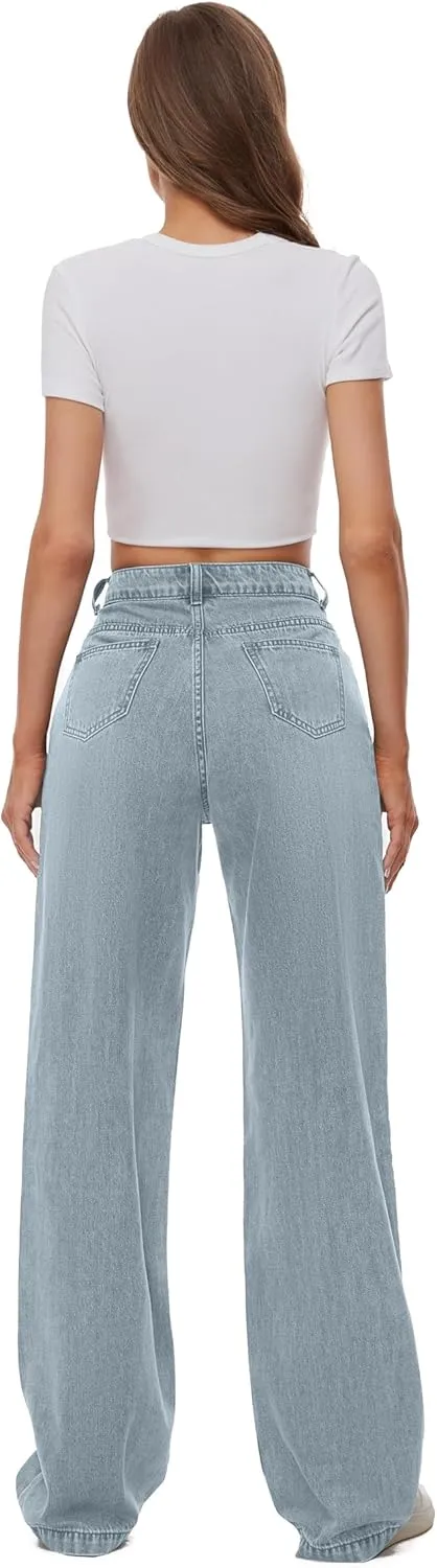 Women Casual High Waist Wide Leg Jeans Boyfriends Stretch Long Trousers Denim Pants