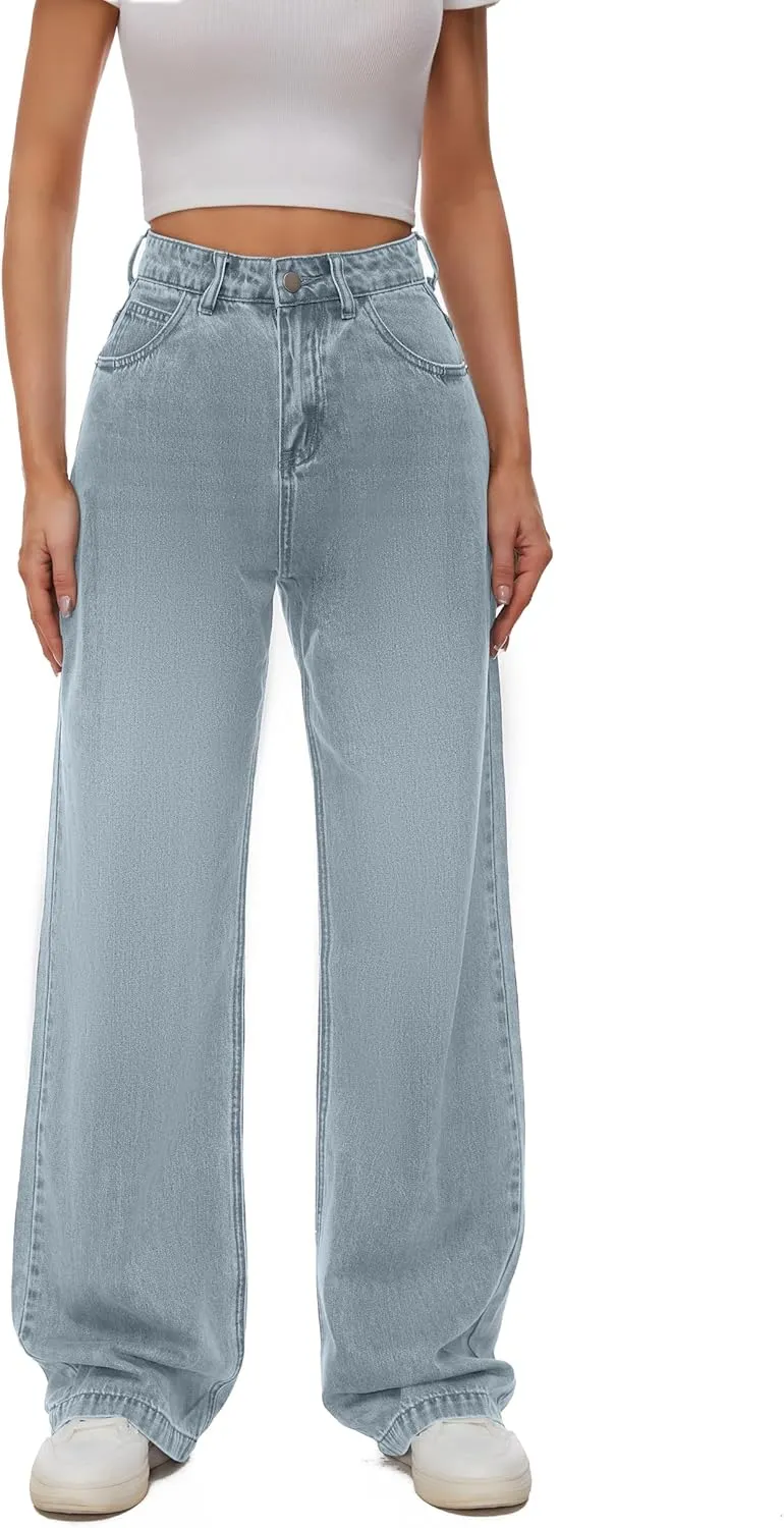 Women Casual High Waist Wide Leg Jeans Boyfriends Stretch Long Trousers Denim Pants