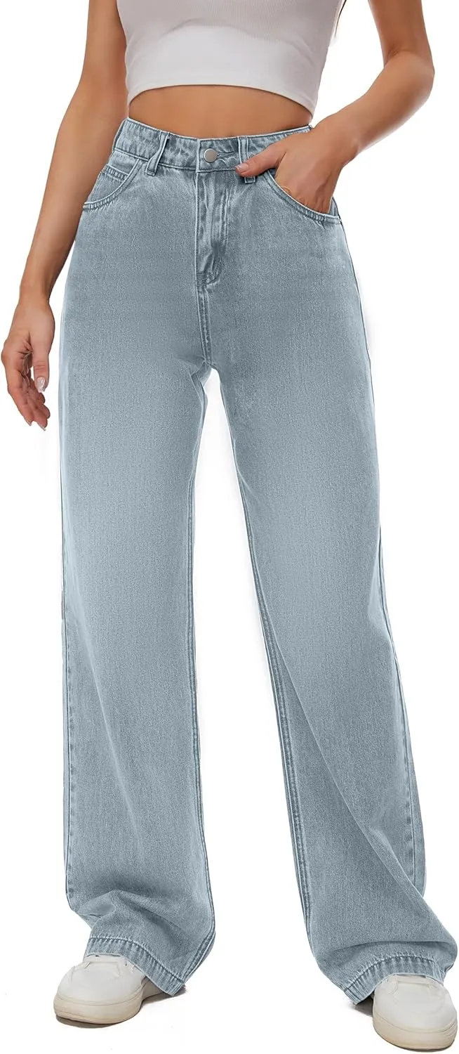 Women Casual High Waist Wide Leg Jeans Boyfriends Stretch Long Trousers Denim Pants