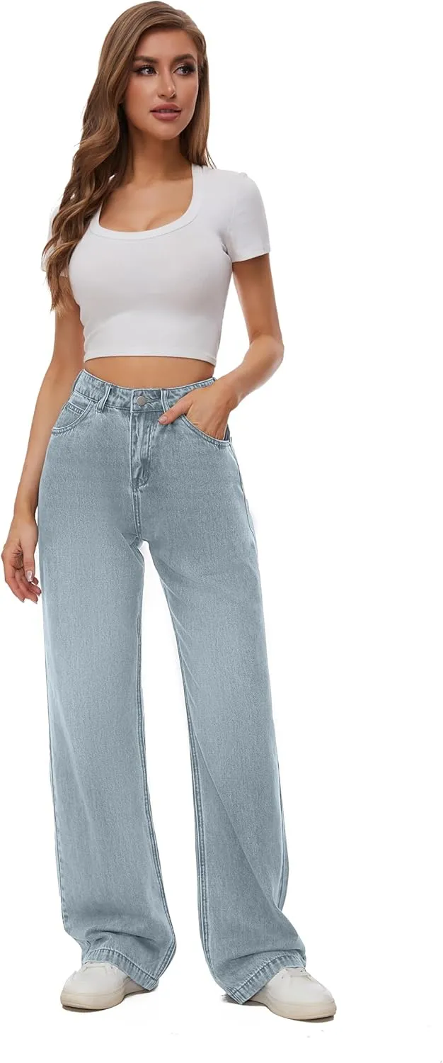 Women Casual High Waist Wide Leg Jeans Boyfriends Stretch Long Trousers Denim Pants