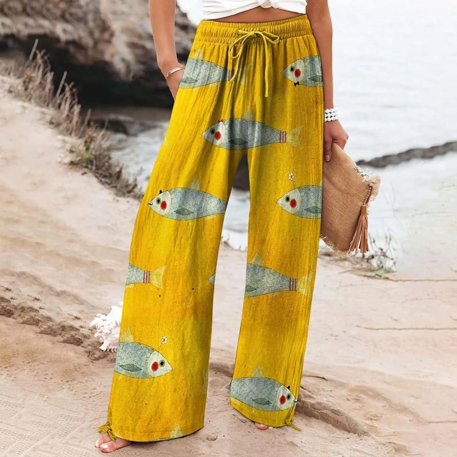 Women High Waisted Wide Leg Fish Art Printed Pants Casual Long Loungewear Pants Summer Beach Trousers with Pockets