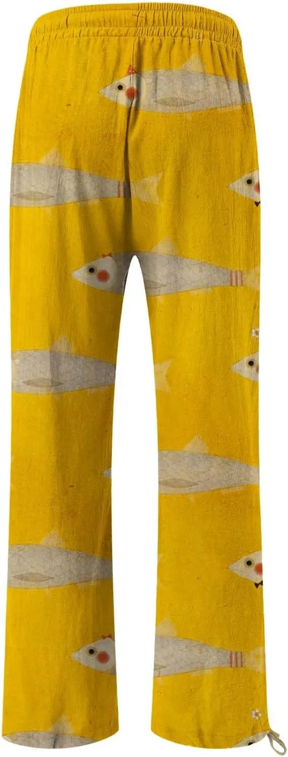 Women High Waisted Wide Leg Fish Art Printed Pants Casual Long Loungewear Pants Summer Beach Trousers with Pockets