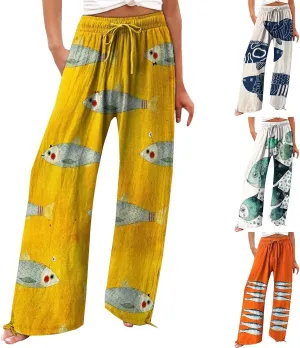 Women High Waisted Wide Leg Fish Art Printed Pants Casual Long Loungewear Pants Summer Beach Trousers with Pockets