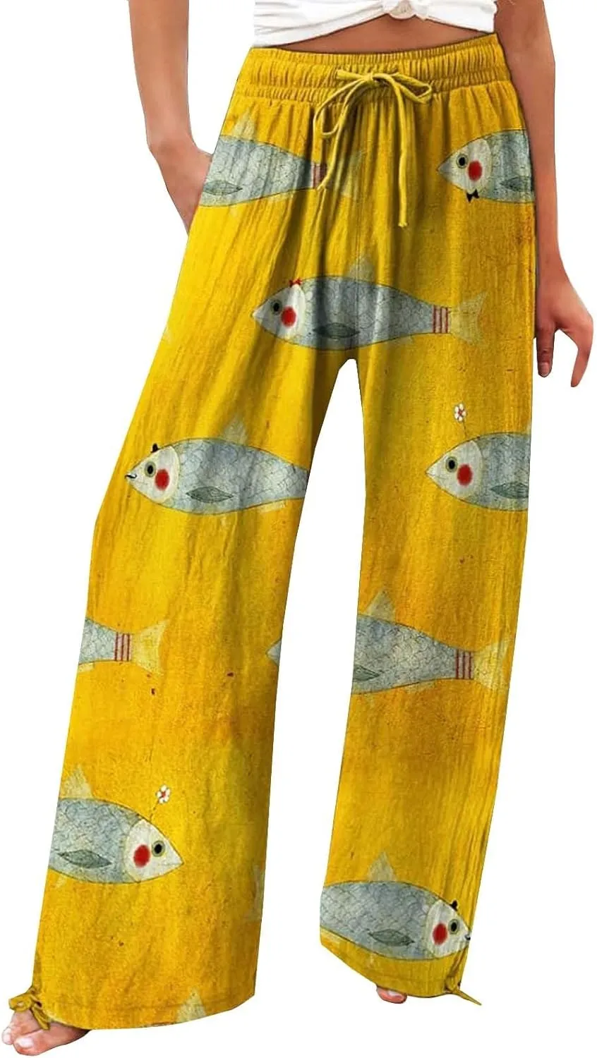 Women High Waisted Wide Leg Fish Art Printed Pants Casual Long Loungewear Pants Summer Beach Trousers with Pockets