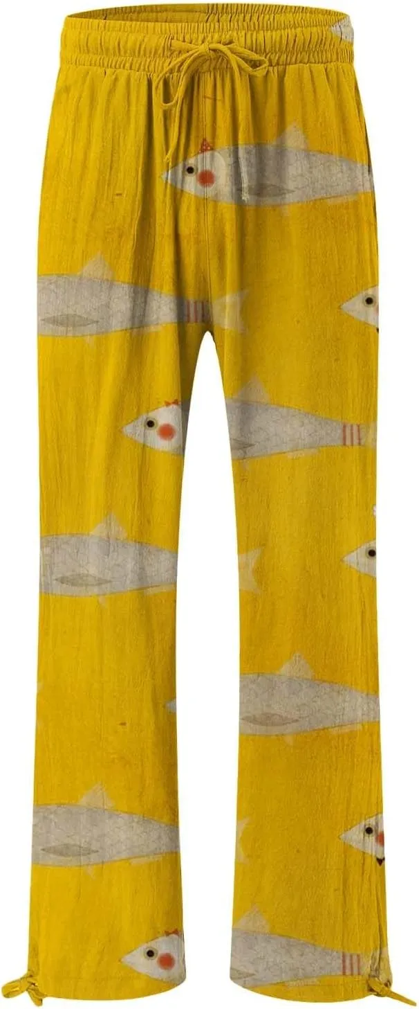 Women High Waisted Wide Leg Fish Art Printed Pants Casual Long Loungewear Pants Summer Beach Trousers with Pockets