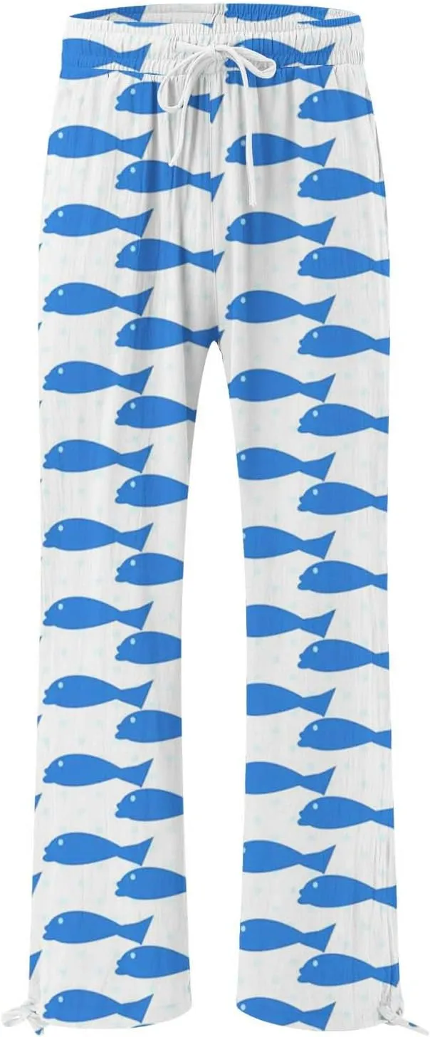 Women High Waisted Wide Leg Fish Art Printed Pants Summer Beach Trousers Casual Long Loungewear Pants with Pockets