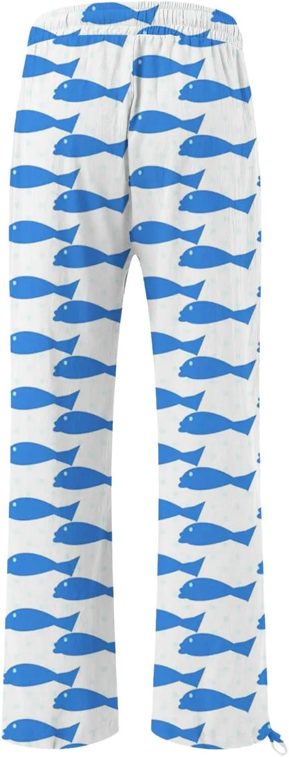 Women High Waisted Wide Leg Fish Art Printed Pants Summer Beach Trousers Casual Long Loungewear Pants with Pockets