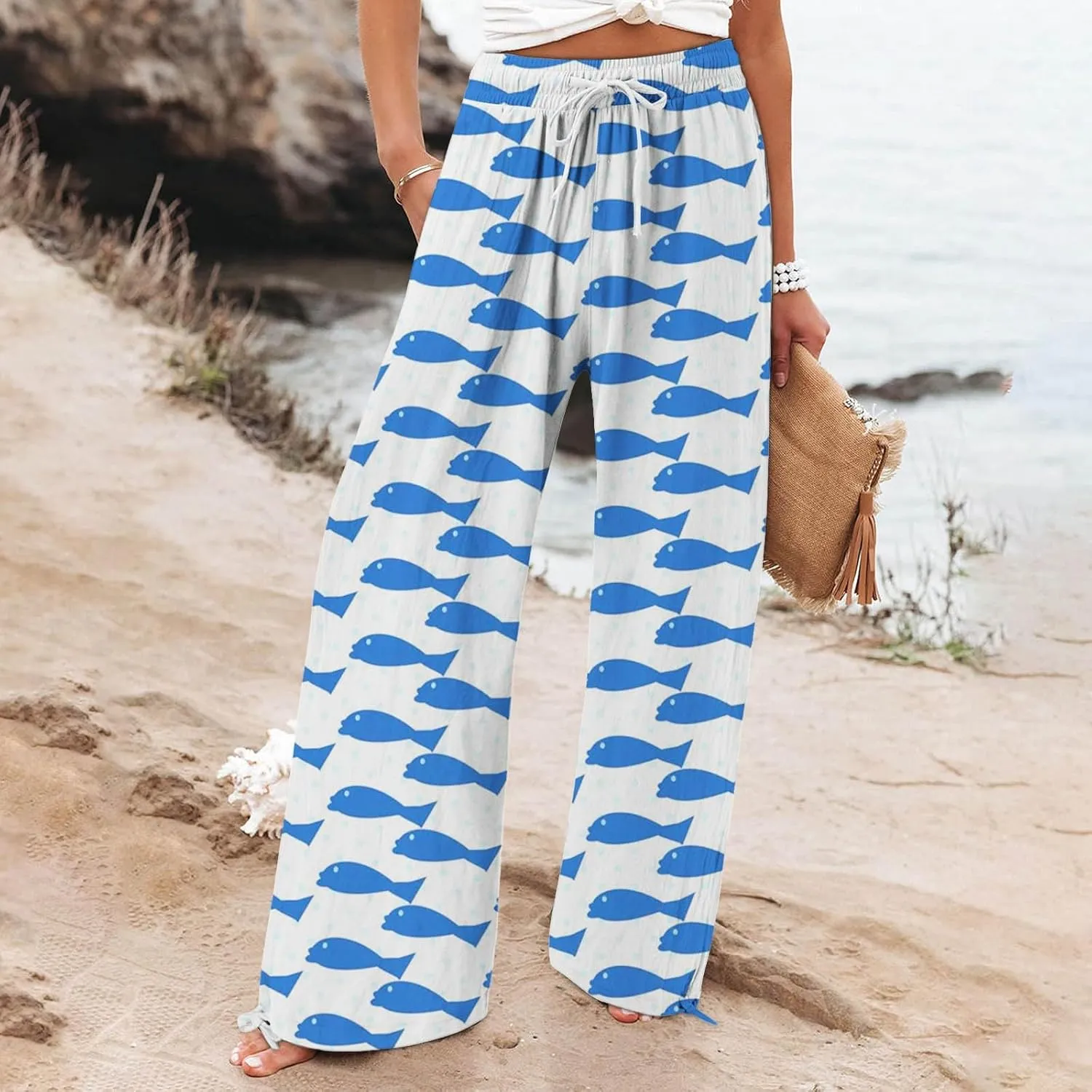 Women High Waisted Wide Leg Fish Art Printed Pants Summer Beach Trousers Casual Long Loungewear Pants with Pockets