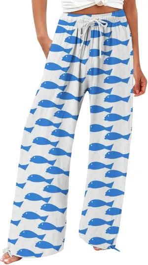 Women High Waisted Wide Leg Fish Art Printed Pants Summer Beach Trousers Casual Long Loungewear Pants with Pockets