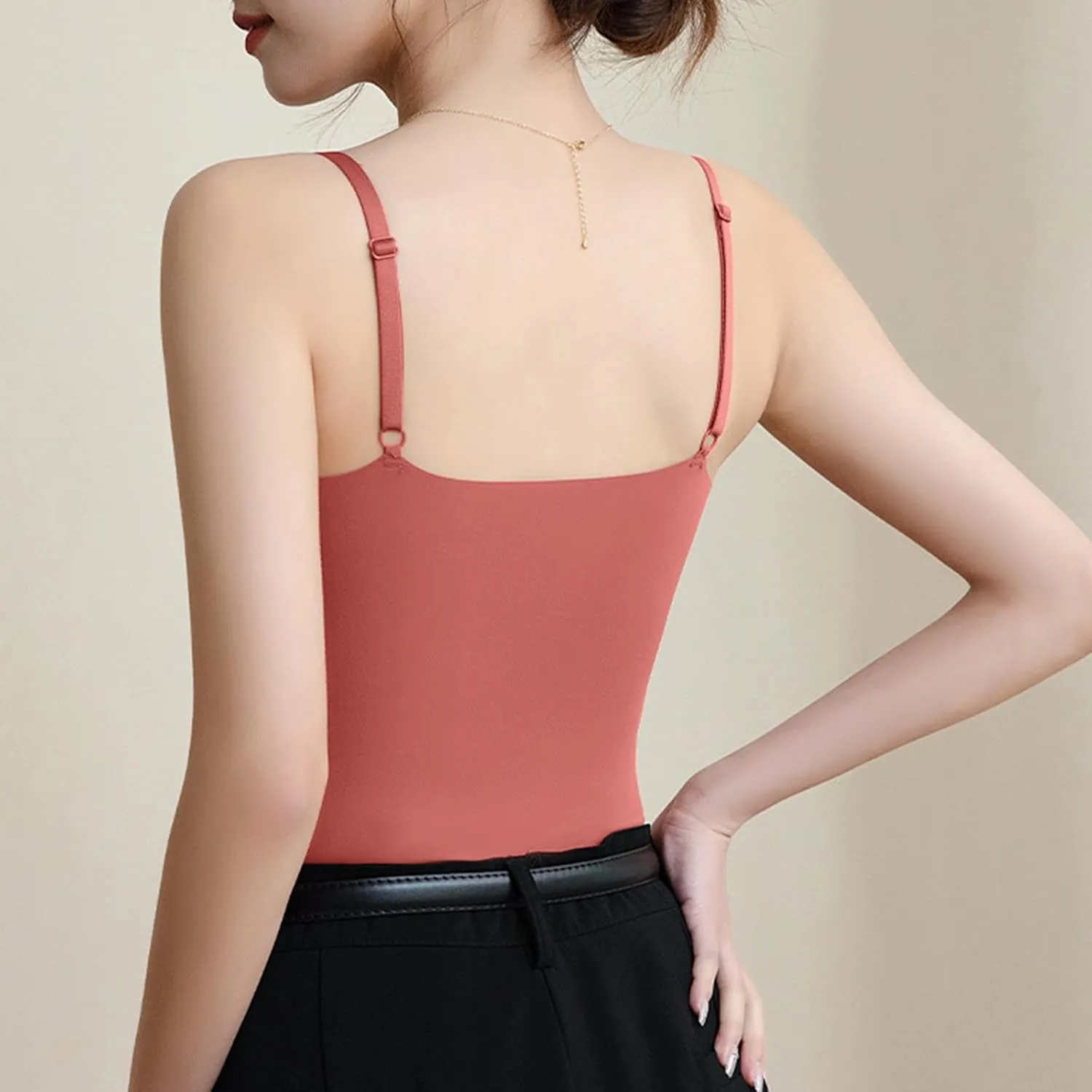 Women Ice Silk Tank Tops with Built in Bra Spaghetti Strap Camis V Neck Camisole Double Layer Sleeveless Tee Shirt