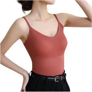 Women Ice Silk Tank Tops with Built in Bra Spaghetti Strap Camis V Neck Camisole Double Layer Sleeveless Tee Shirt
