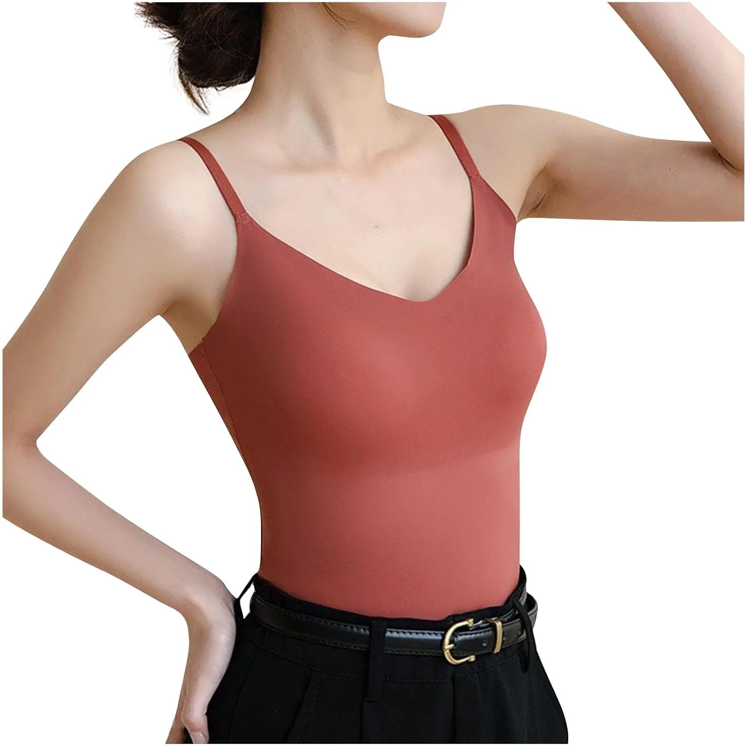 Women Ice Silk Tank Tops with Built in Bra Spaghetti Strap Camis V Neck Camisole Double Layer Sleeveless Tee Shirt