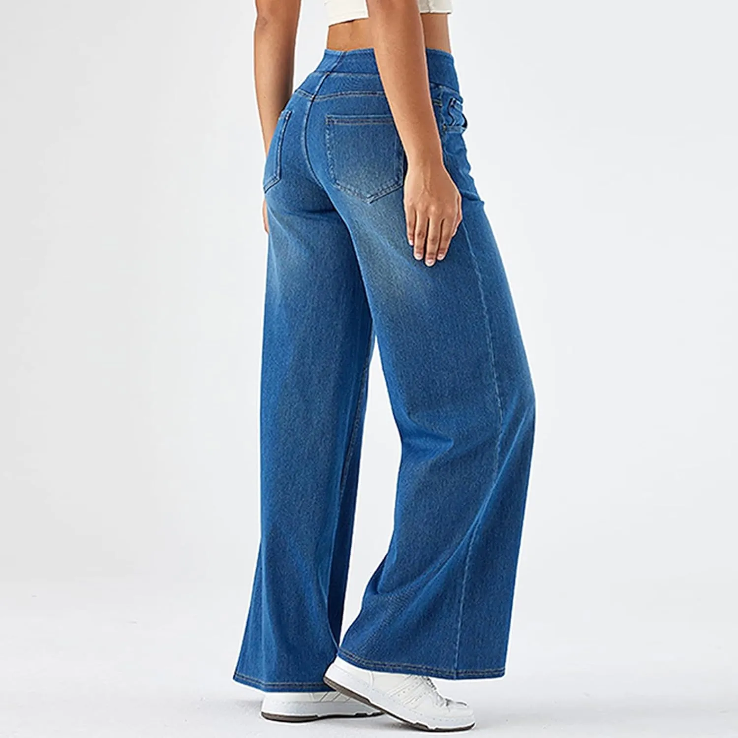 Women Jeans Petite Straight Loose Jeans Lightweight Wide Leg Summer Elastic Waist Lounge Denim Pants with Pockets