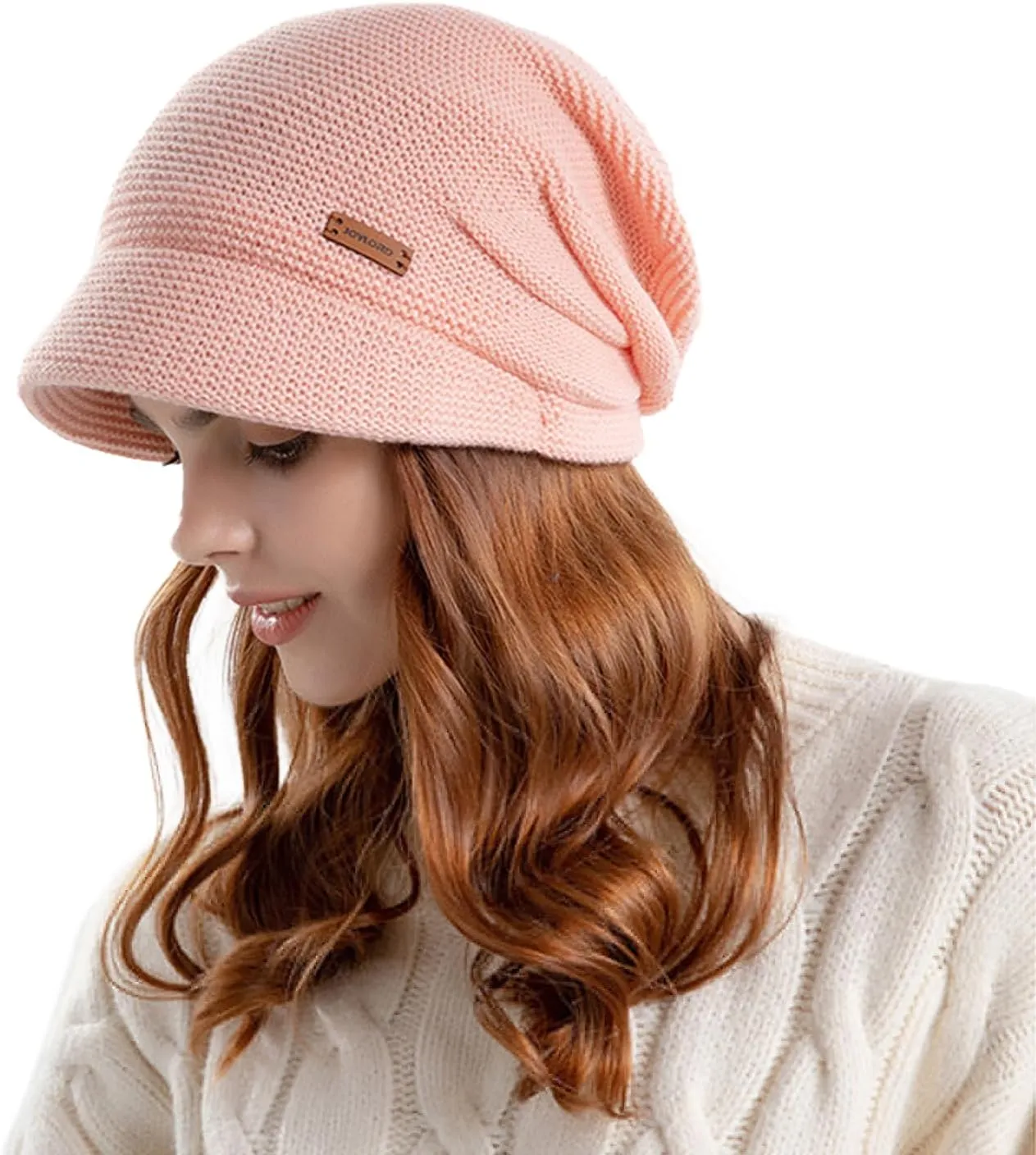 Women Slouchy Knit Hat Winter Warm Fleece Lined Beanie Hat Stretchy Skull Cap with Visor Brim