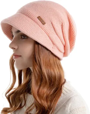 Women Slouchy Knit Hat Winter Warm Fleece Lined Beanie Hat Stretchy Skull Cap with Visor Brim