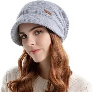 Women Slouchy Knit Hat Winter Warm Fleece Lined Beanie Hat Stretchy Skull Cap with Visor Brim