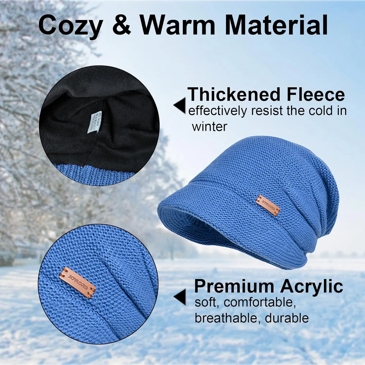 Women Slouchy Knit Hat Winter Warm Fleece Lined Beanie Hat Stretchy Skull Cap with Visor Brim