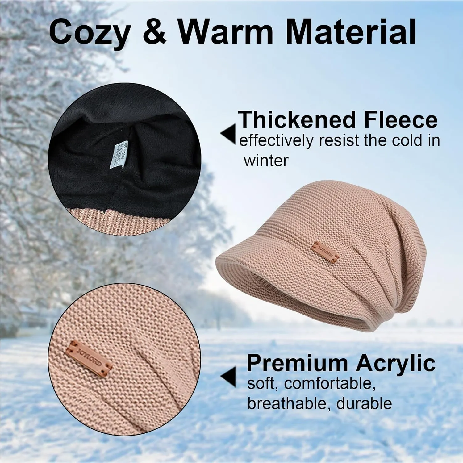Women Slouchy Knit Hat Winter Warm Fleece Lined Beanie Hat Stretchy Skull Cap with Visor Brim