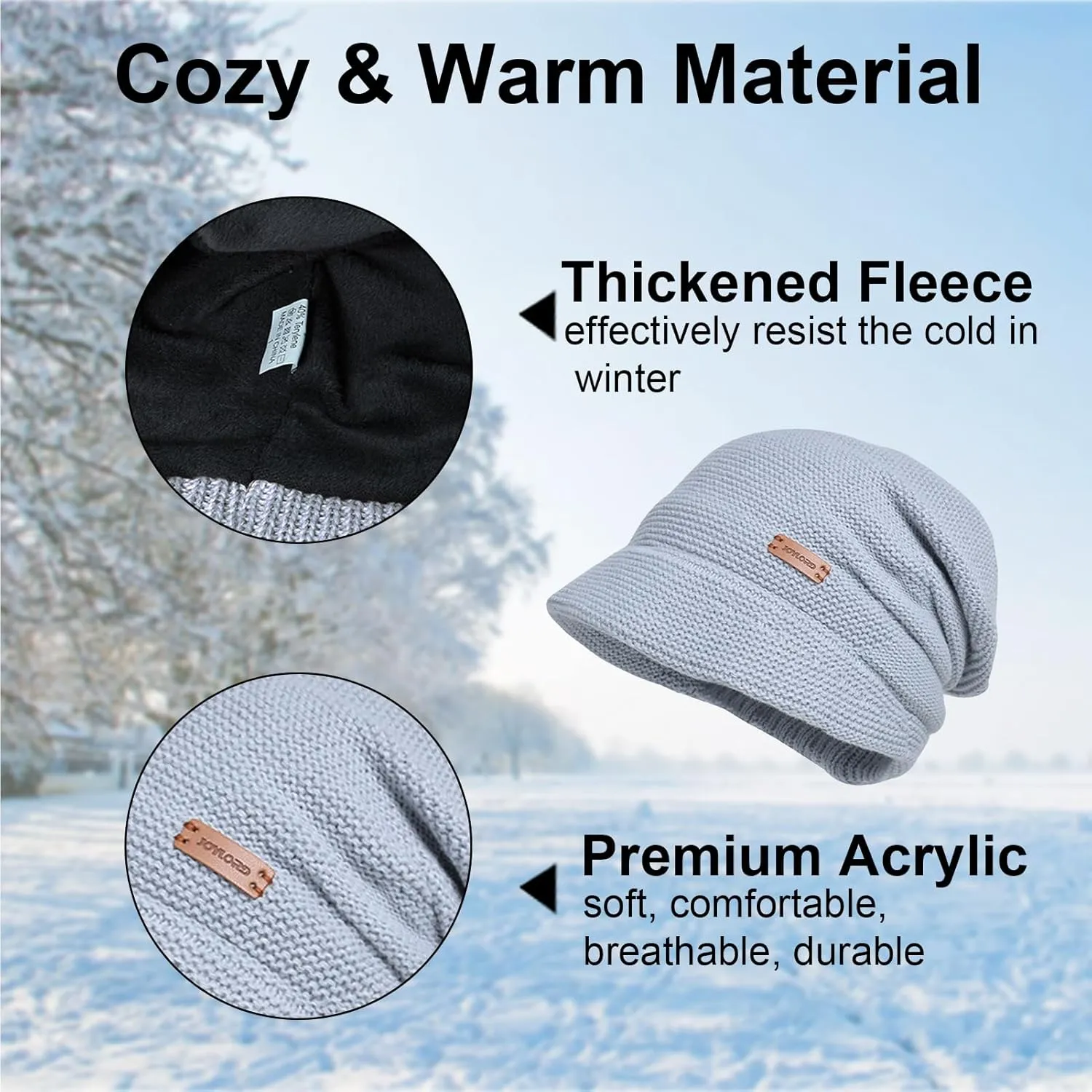 Women Slouchy Knit Hat Winter Warm Fleece Lined Beanie Hat Stretchy Skull Cap with Visor Brim