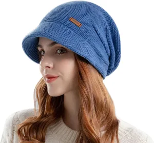 Women Slouchy Knit Hat Winter Warm Fleece Lined Beanie Hat Stretchy Skull Cap with Visor Brim