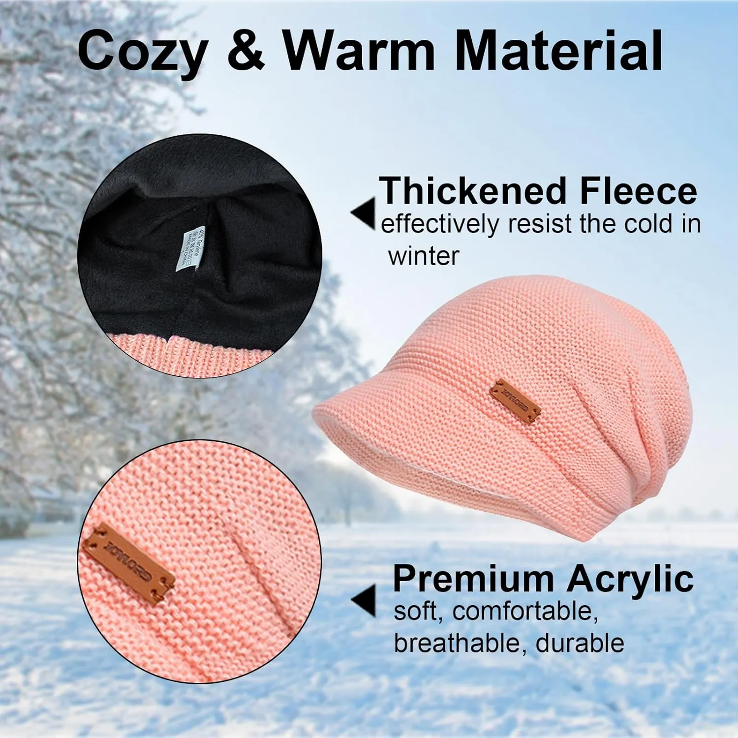 Women Slouchy Knit Hat Winter Warm Fleece Lined Beanie Hat Stretchy Skull Cap with Visor Brim