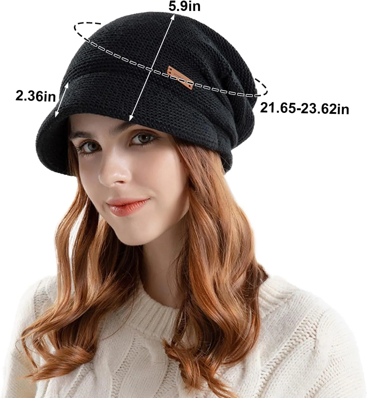 Women Slouchy Knit Hat Winter Warm Fleece Lined Beanie Hat Stretchy Skull Cap with Visor Brim