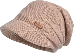Women Slouchy Knit Hat Winter Warm Fleece Lined Beanie Hat Stretchy Skull Cap with Visor Brim