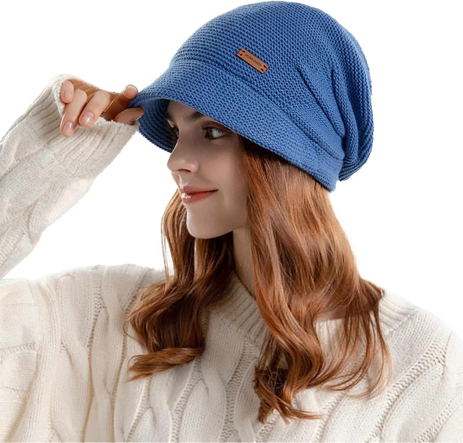 Women Slouchy Knit Hat Winter Warm Fleece Lined Beanie Hat Stretchy Skull Cap with Visor Brim