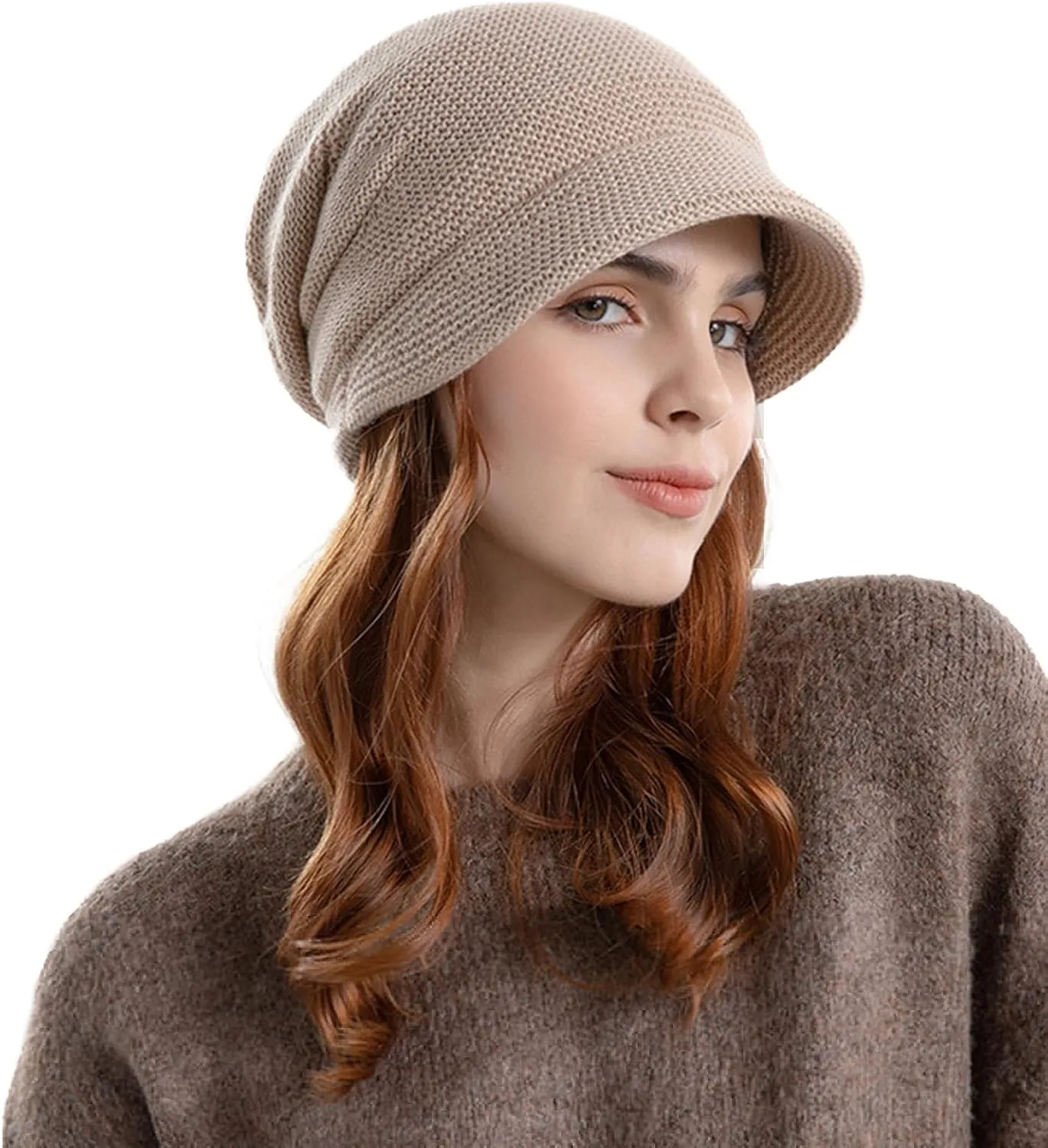 Women Slouchy Knit Hat Winter Warm Fleece Lined Beanie Hat Stretchy Skull Cap with Visor Brim
