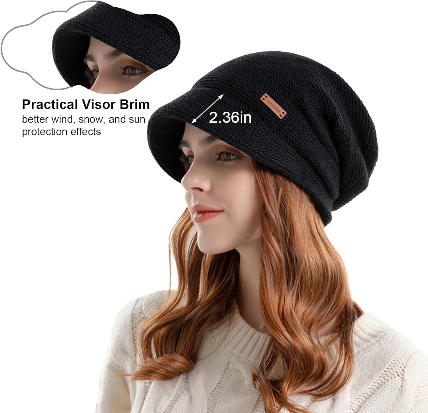 Women Slouchy Knit Hat Winter Warm Fleece Lined Beanie Hat Stretchy Skull Cap with Visor Brim