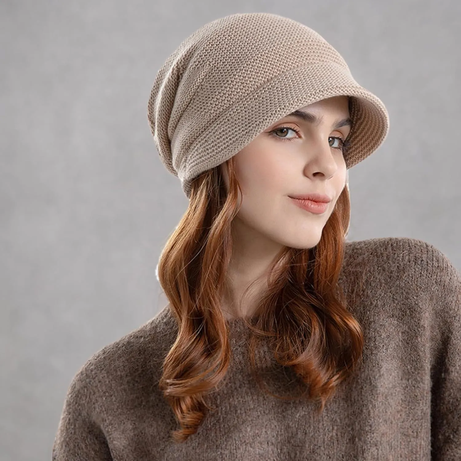 Women Slouchy Knit Hat Winter Warm Fleece Lined Beanie Hat Stretchy Skull Cap with Visor Brim