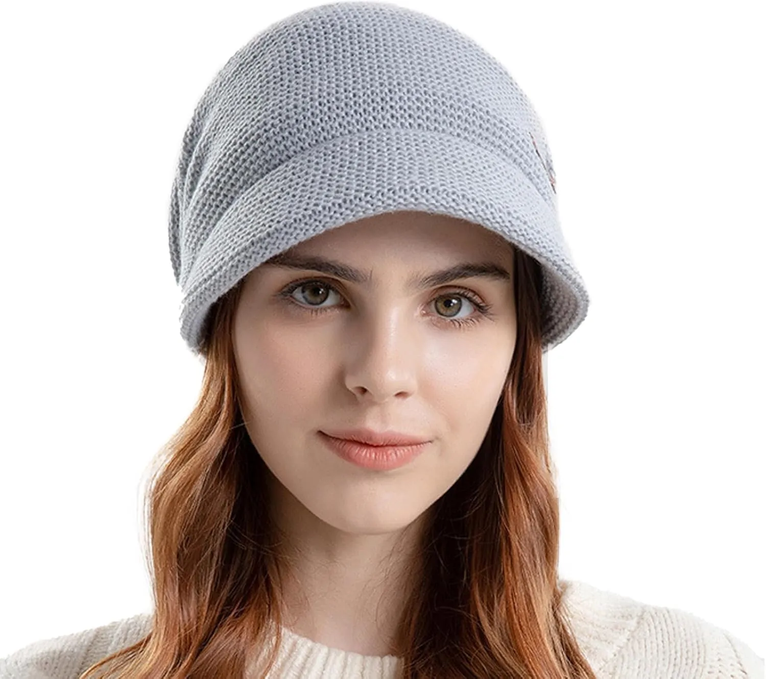 Women Slouchy Knit Hat Winter Warm Fleece Lined Beanie Hat Stretchy Skull Cap with Visor Brim