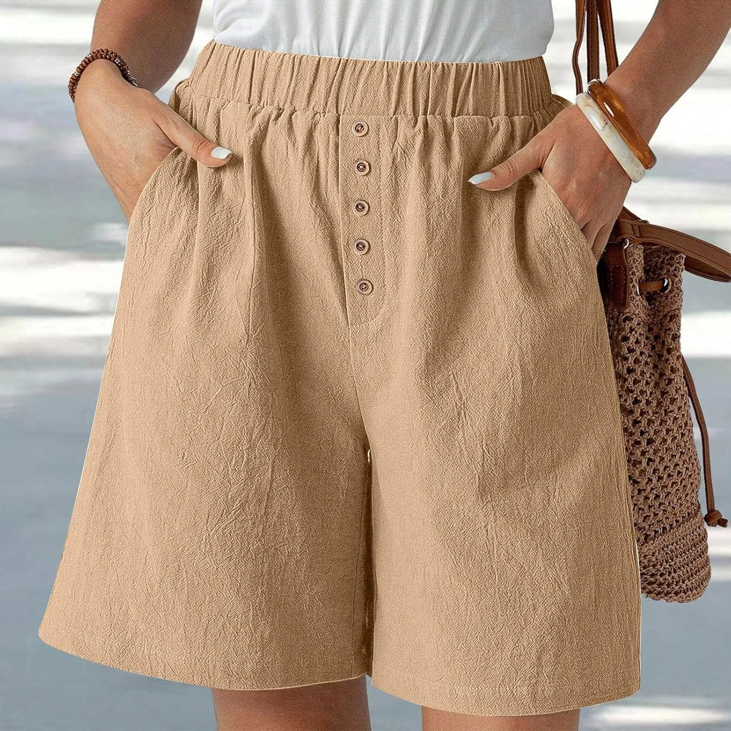 Women Summer Long Shorts Casual Elastic Waist Baggy Bermuda with Pocket, Women's Comfort Wide Leg Short Pants
