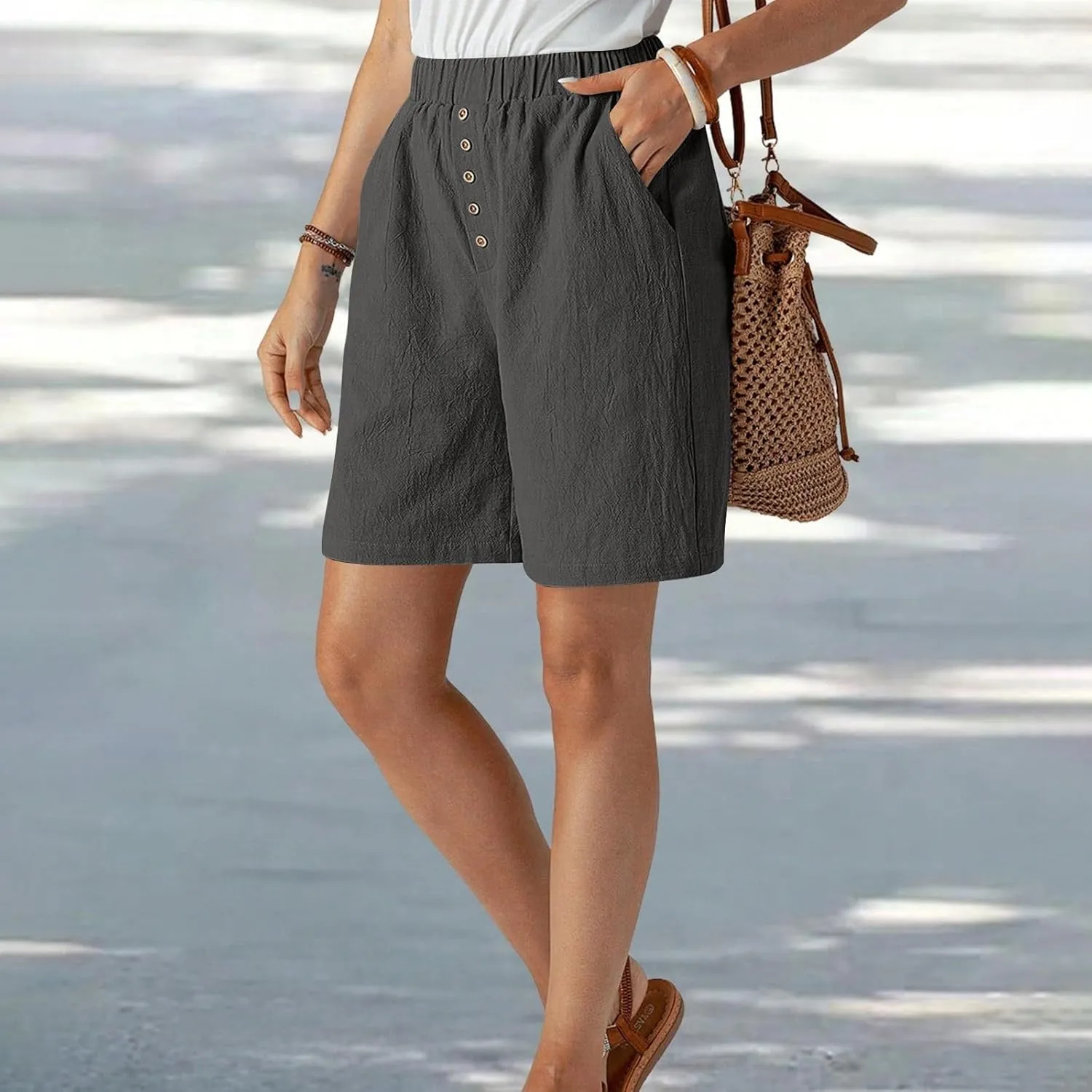 Women Summer Long Shorts Casual Elastic Waist Baggy Bermuda with Pocket, Women's Comfort Wide Leg Short Pants