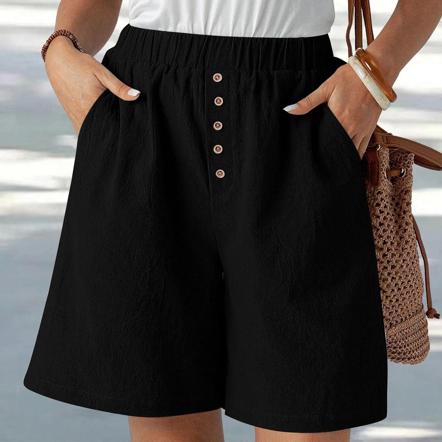 Women Summer Long Shorts Casual Elastic Waist Baggy Bermuda with Pocket, Women's Comfort Wide Leg Short Pants