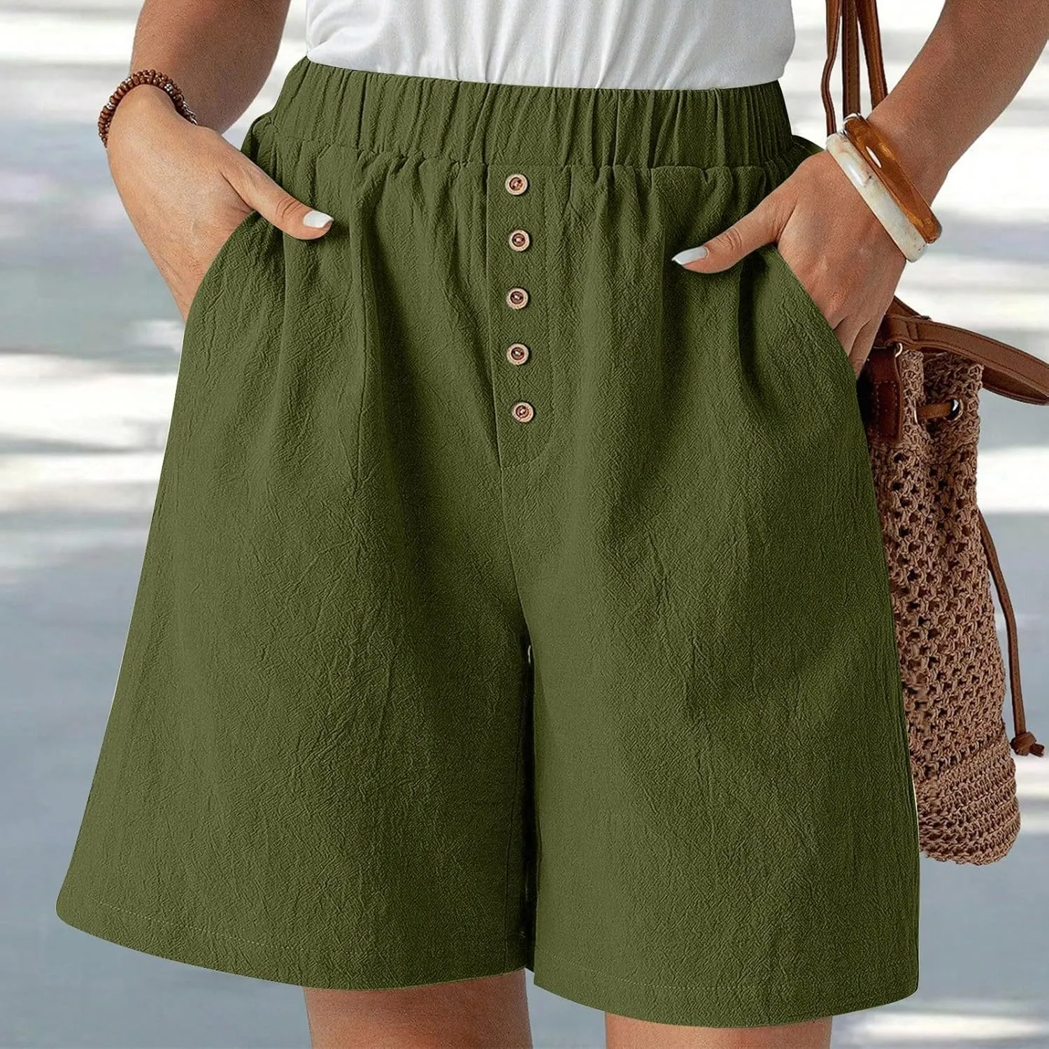 Women Summer Long Shorts Casual Elastic Waist Baggy Bermuda with Pocket, Women's Comfort Wide Leg Short Pants