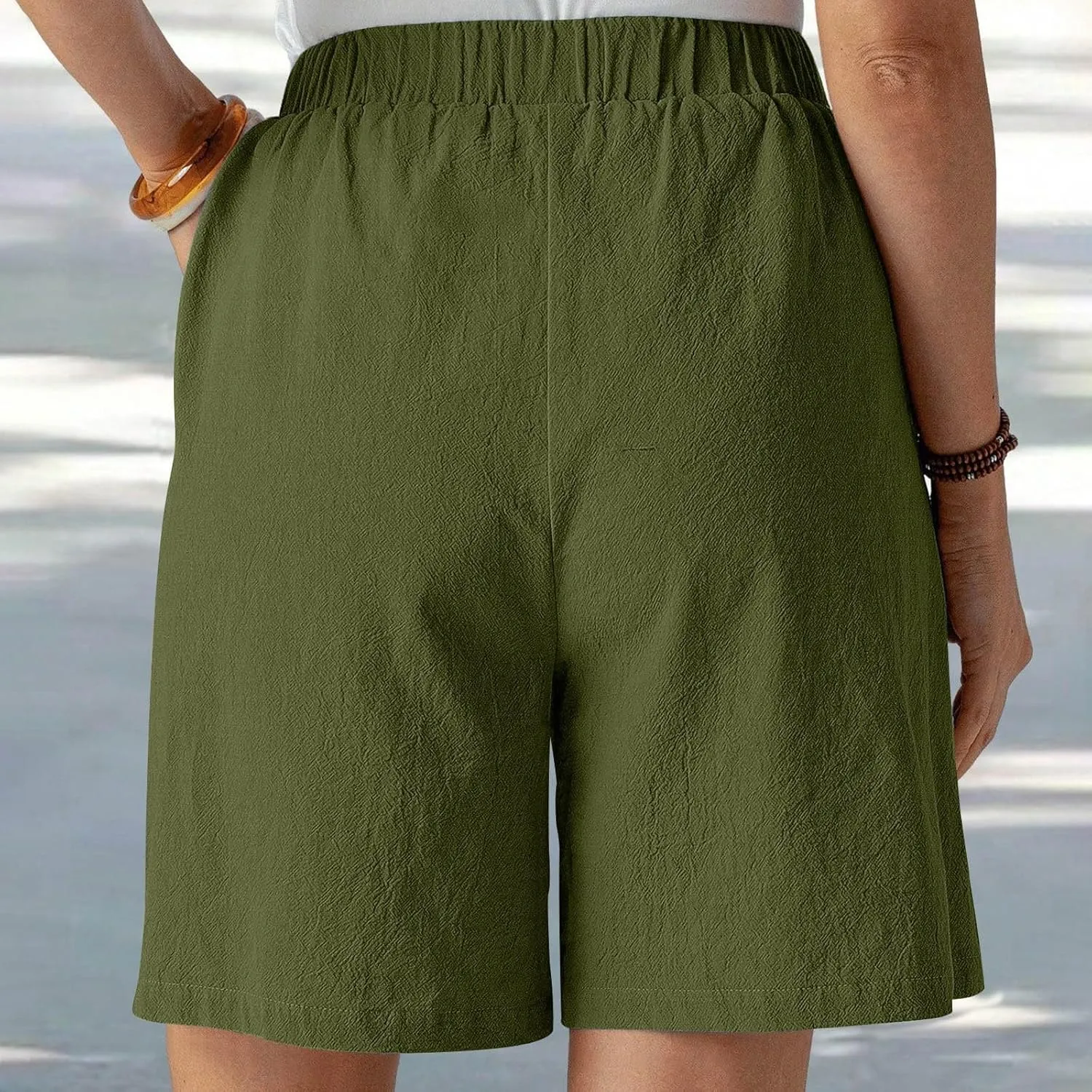 Women Summer Long Shorts Casual Elastic Waist Baggy Bermuda with Pocket, Women's Comfort Wide Leg Short Pants