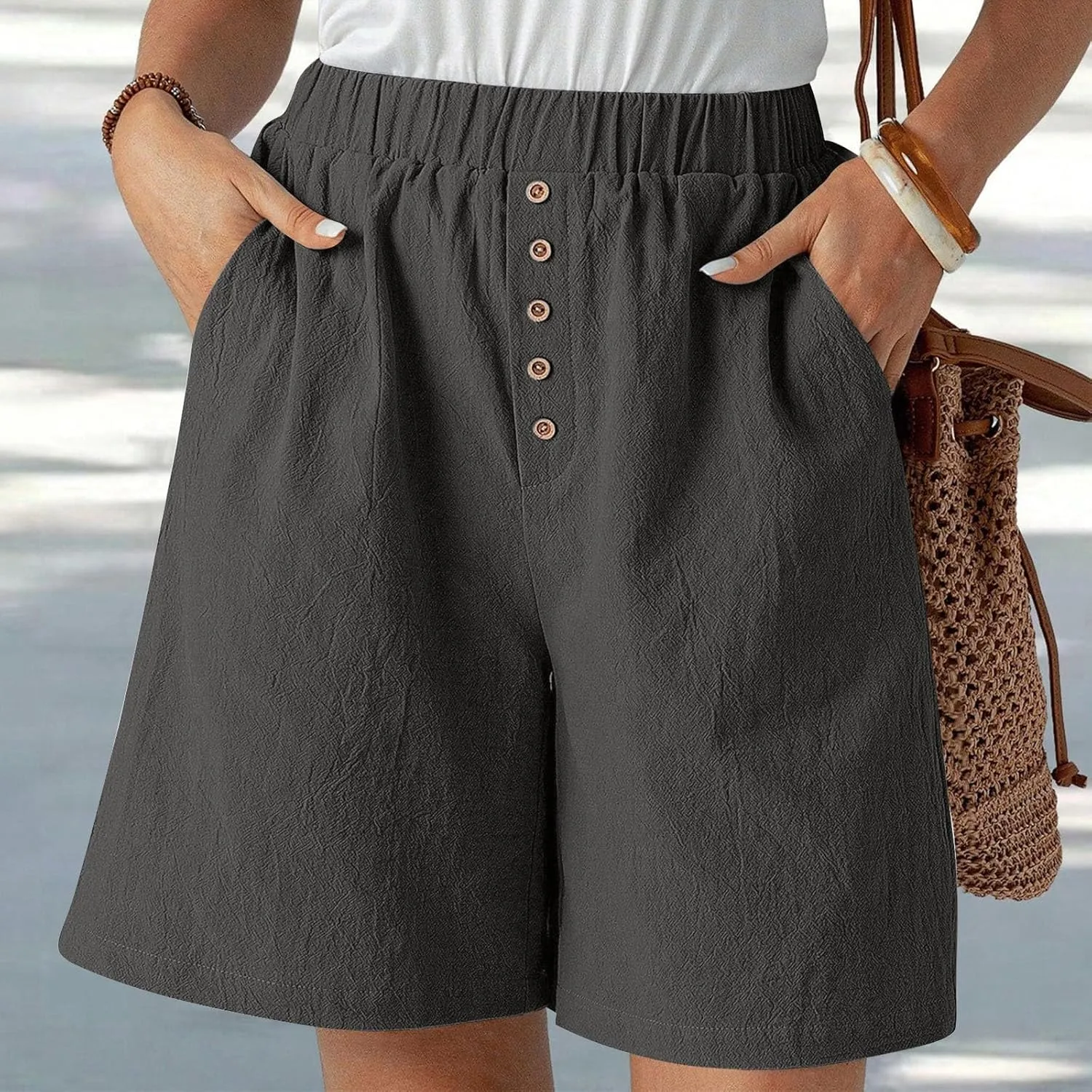 Women Summer Long Shorts Casual Elastic Waist Baggy Bermuda with Pocket, Women's Comfort Wide Leg Short Pants
