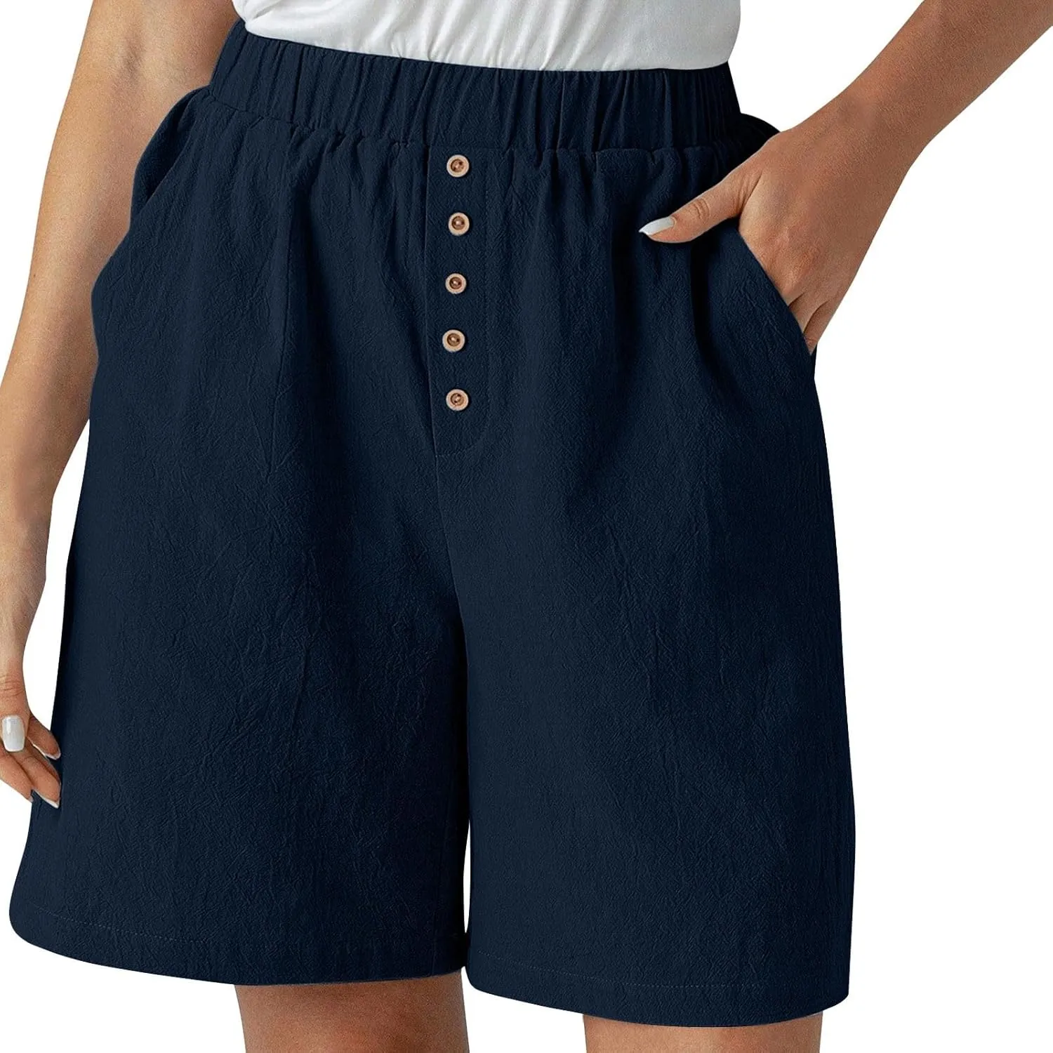 Women Summer Long Shorts Casual Elastic Waist Baggy Bermuda with Pocket, Women's Comfort Wide Leg Short Pants