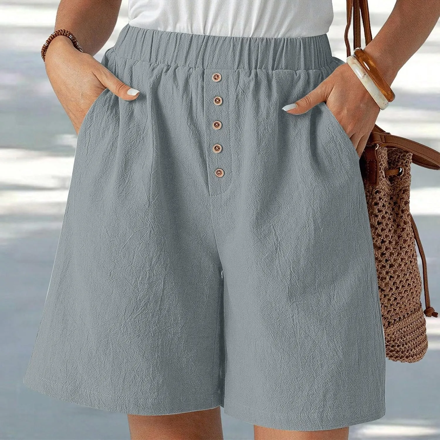 Women Summer Long Shorts Casual Elastic Waist Baggy Bermuda with Pocket, Women's Comfort Wide Leg Short Pants