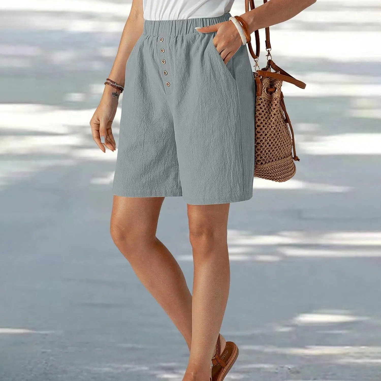 Women Summer Long Shorts Casual Elastic Waist Baggy Bermuda with Pocket, Women's Comfort Wide Leg Short Pants
