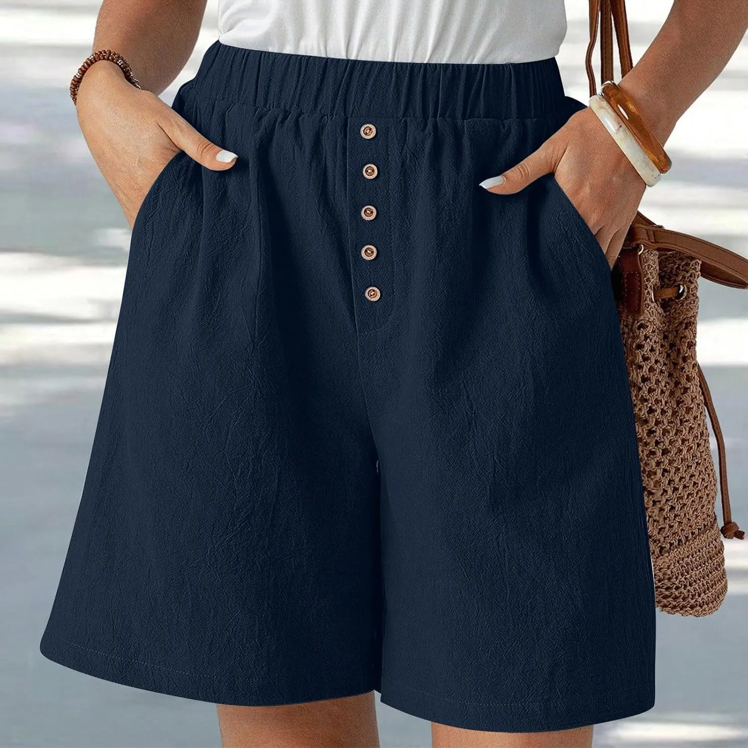 Women Summer Long Shorts Casual Elastic Waist Baggy Bermuda with Pocket, Women's Comfort Wide Leg Short Pants
