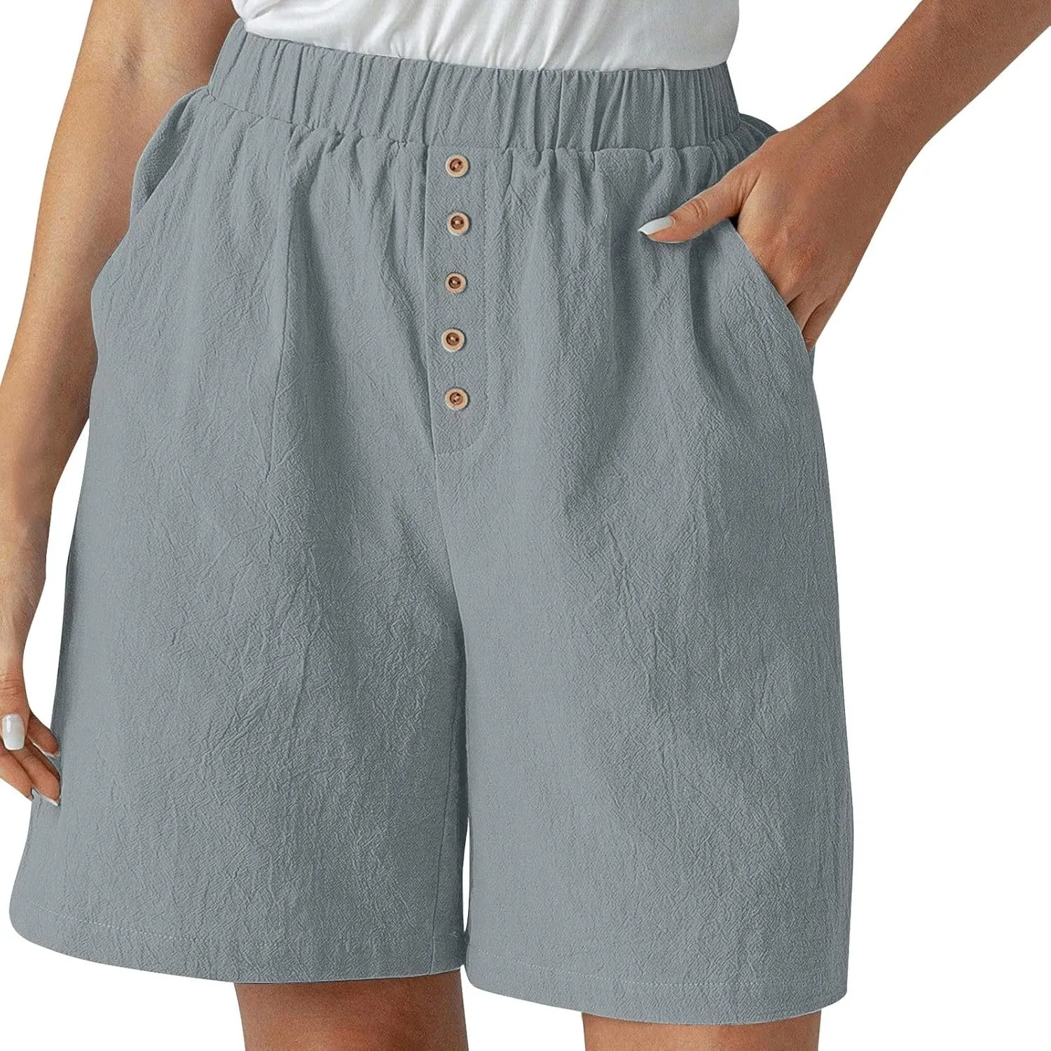 Women Summer Long Shorts Casual Elastic Waist Baggy Bermuda with Pocket, Women's Comfort Wide Leg Short Pants