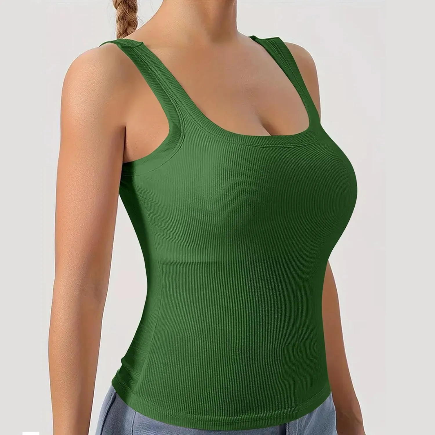 Women Tank Tops with Built in Bras Summer Casual Ribbed Knit Camisole U Neck Sleeveless Padded Workout Yoga Shirt