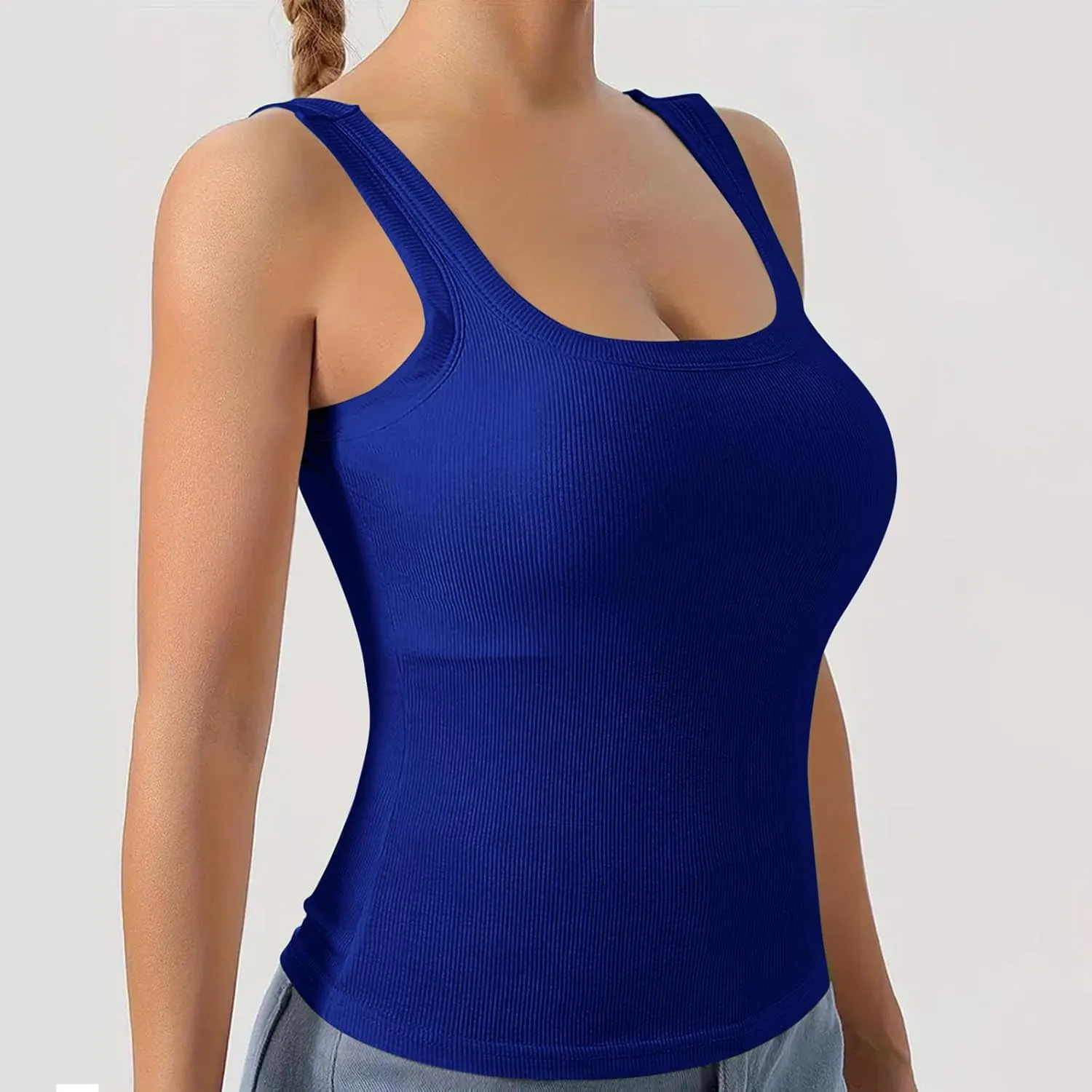 Women Tank Tops with Built in Bras Summer Casual Ribbed Knit Camisole U Neck Sleeveless Padded Workout Yoga Shirt