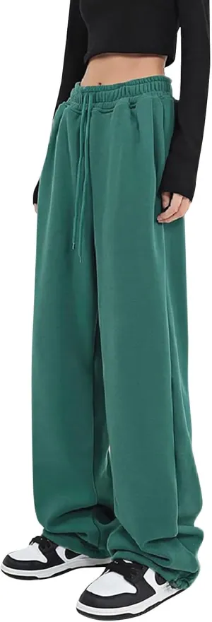 Women's Baggy Wide Leg Sweatpants Fleece Lined Joggers with Pockets Comfy Workout Elastic Waist Jogging Pants